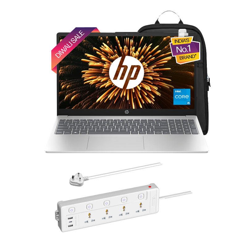 Picture of HP 15 - 12th Gen Intel Core i5-1235U 15.6" 15-fd0111TU Thin & Light Laptop (16GB/ 512GB SSD/ Full HD Display/ Windows 11 Home/ MS Office/ 1 Year Warranty/ Natural Silver/ 1.59Kg) + Portronics Power Plate 19 Multi Plug, 2 USB Ports, 1 Type-C Part, 4 Socket Extension Boards + Laptop Bag